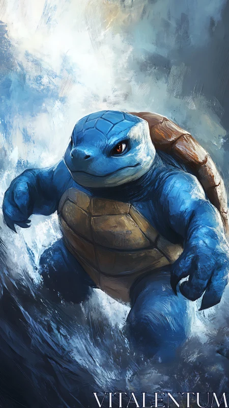 Water turtle guardian surging up through crashing waves.