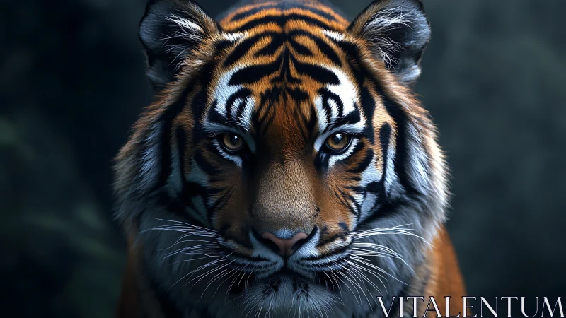 Tiger portrait shows intense gaze against dark forest blur