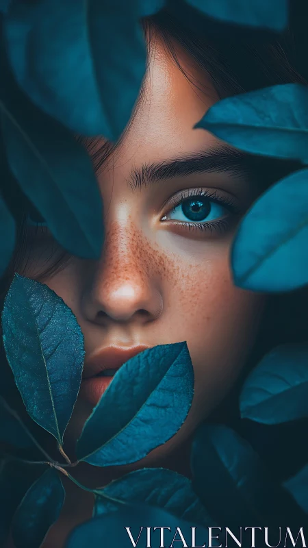 Girl’s blue eye emerges through deep teal foliage mysteriously.