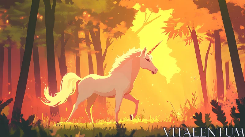 Sunlit unicorn wandering through ember-bright enchanted forest.