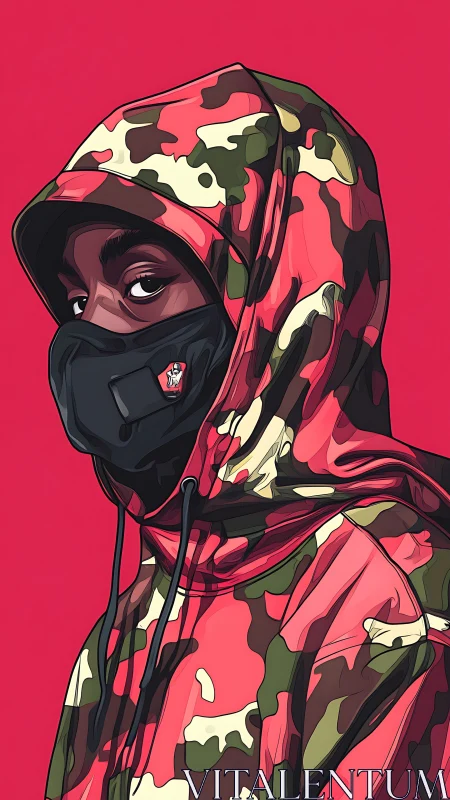 Hooded streetwear figure in bold red camo stands watchful.