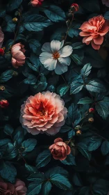 Coral Roses with Dark Foliage in Moody Botanical Composition