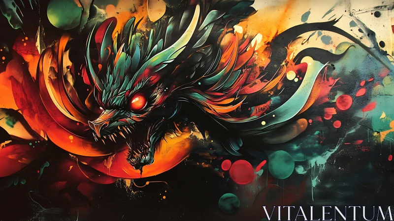 Abstract dragon head bursts through neon firestorm canvas.