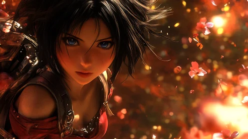 Anime warrior girl stares forward amid glowing petals