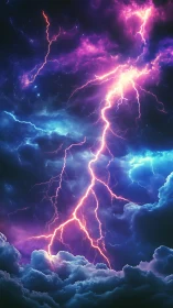 Neon lightning fractures a cosmic storm sky in vivid color.