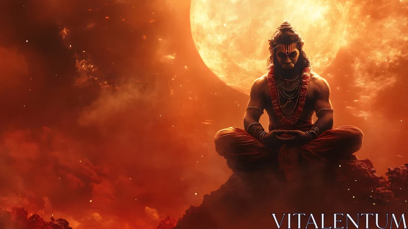 Mythic warrior meditates before colossal molten sun sphere