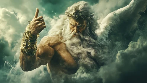 Winged bearded figure with raised arm emerges from dense clouds