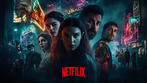 Netflix horror ensemble dominates neon-soaked city streets