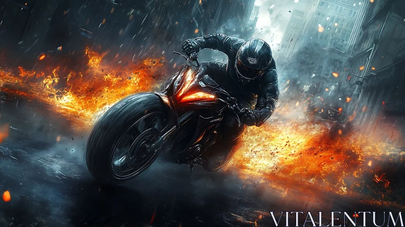 Futuristic rider carving through flaming wet city streets.