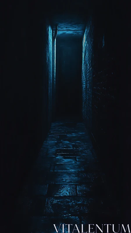 Narrow wet alley recedes into cold cyan backlight in darkness