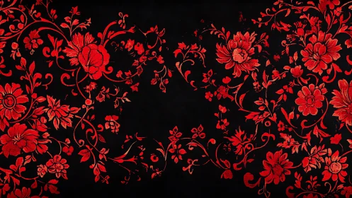 Ornate red floral brocade pattern rendered on deep black field