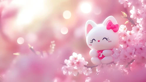Kawaii lucky cat figurine among soft pink cherry blossoms.