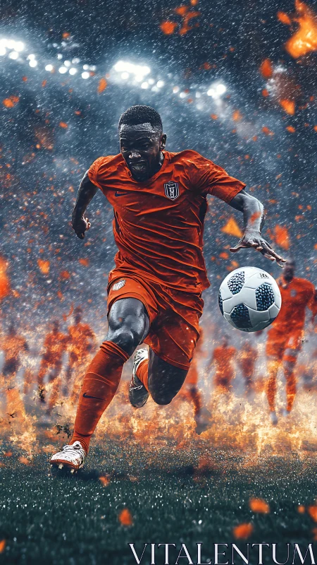 Fiery soccer striker charges forward under stadium lights.