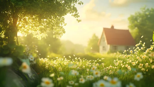 Sunlit cottage meadow rendered with shallow depth of field
