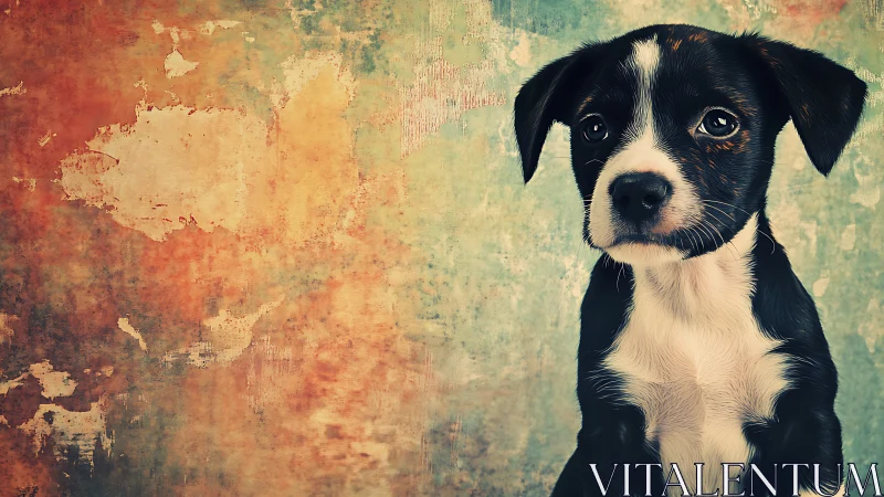Small black and white dog against textured painted wall.