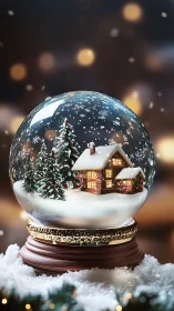 Cozy winter cottage glowing inside a magical snow globe.