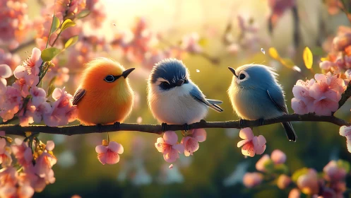 Three Colorful Birds on Blossom Branch, Soft Pastel Spring Art.