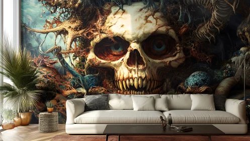 Gigantic demonic skull mural dominates a contemporary living room