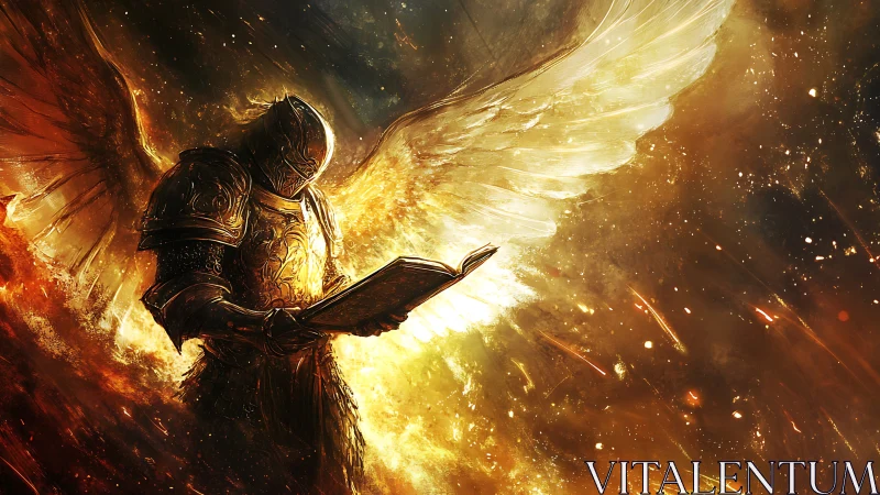 Radiant angelic warrior studies a glowing celestial book