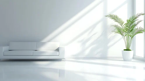 Sunlit minimalist living room balances sofa and palm.