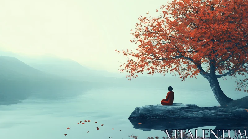 Solitary figure meditating beneath vermilion lakeside tree