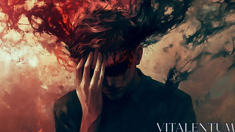 Tormented figure absorbs erupting smoke of restless mind.