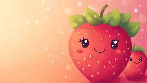 Cartoon strawberries with faces on soft pink gradient background.