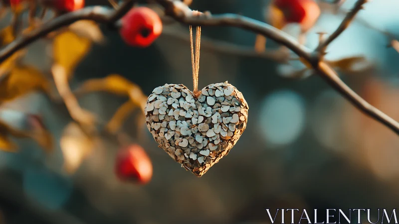 Frost-Crystallized Heart Ornament Suspended on Deciduous Branch