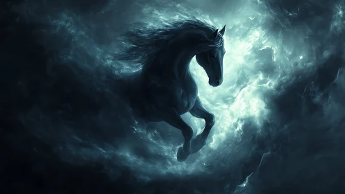 Equine figure emerging within dark luminous cloud mass.