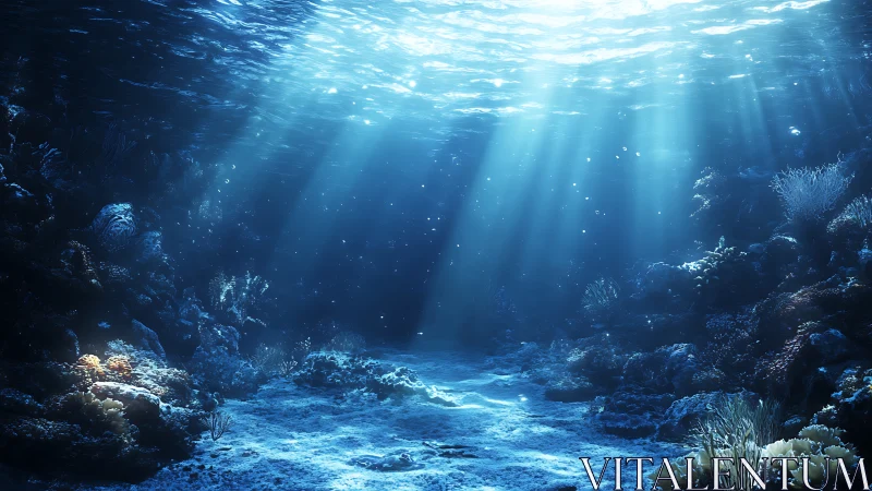 Sunlit ocean floor with coral reef and deep blue water.