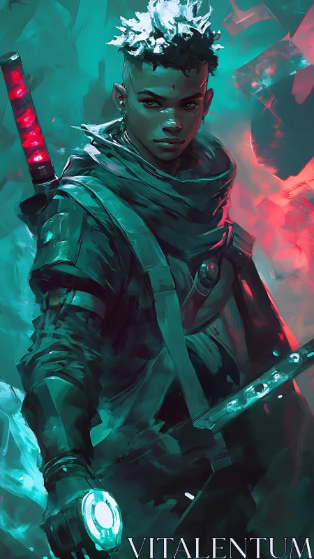 Neon dusk ronin ignites twin blades in chromatic storm.