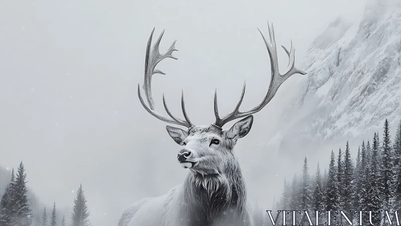 White stag with tall antlers in snowy mountain forest scene.