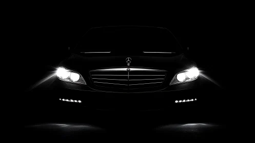 Frontlit executive sedan grille in high contrast darkness.