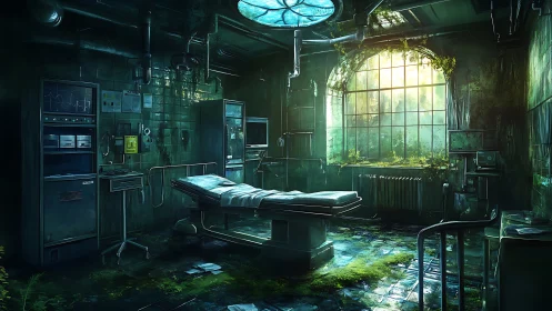 Derelict surgical theater with invasive vegetation and decayed apparatus