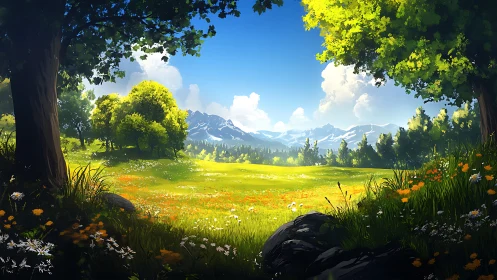 Framed meadow landscape shows distant snowcapped mountains