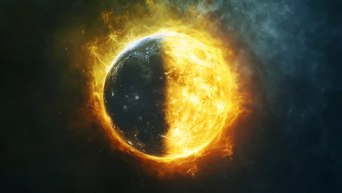 Solar eclipse forge where midnight and wildfire bargain.