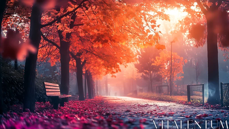 Empty park path under vivid red autumn tree canopy.