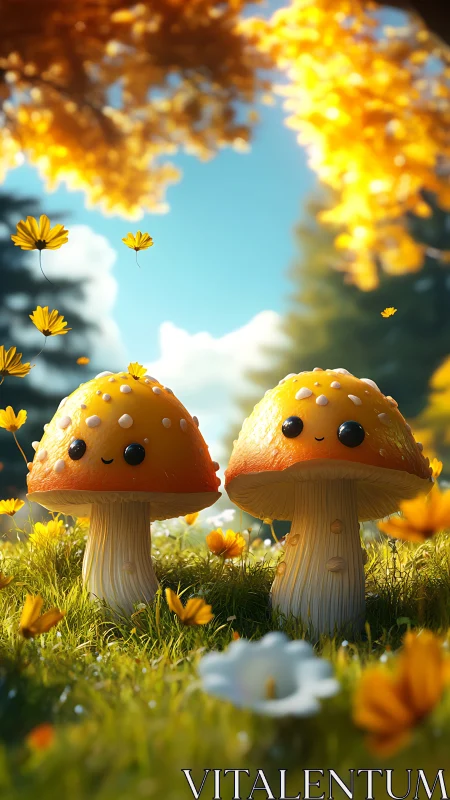 Kawaii toadstool characters rendered in luminous 3D meadow