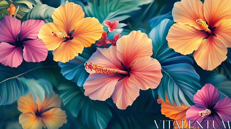 Vibrant Hibiscus Blooms Radiate Warmth Against Lush Foliage