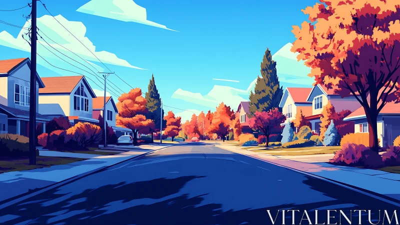 Golden autumn neighborhood glows under a bright blue sky