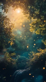 Enchanted forest glows with fireflies in warm golden light.