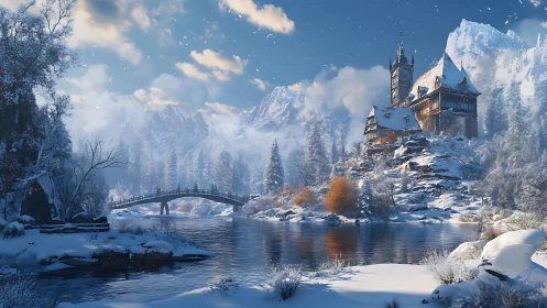 Snowbound riverside castle with arched bridge and peaks.