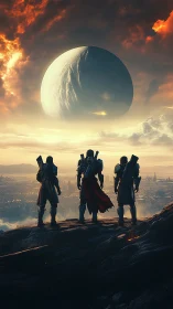 Three armored soldiers watch distant planet over cityscape.