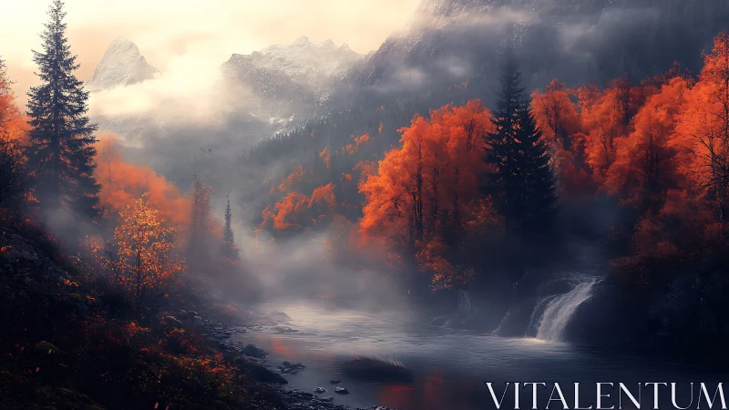 Foggy autumn river winds beneath misty snowcapped peaks