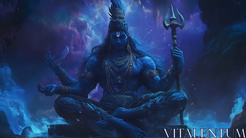 Divine blue deity in cosmic meditation with trident staff.