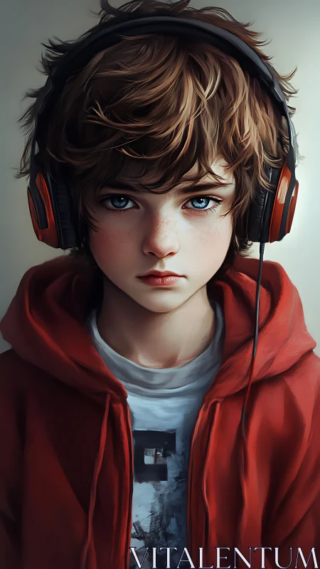 Brooding teen gamer in red hoodie with oversized headphones.