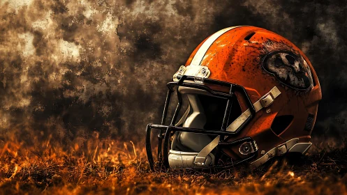 Battle-scarred orange football helmet rests in smoky dusk.