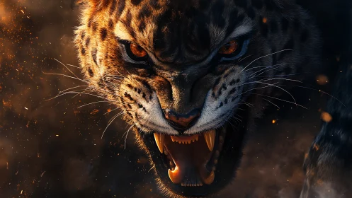 Snarling Leopard with Emissive Fire Particles.