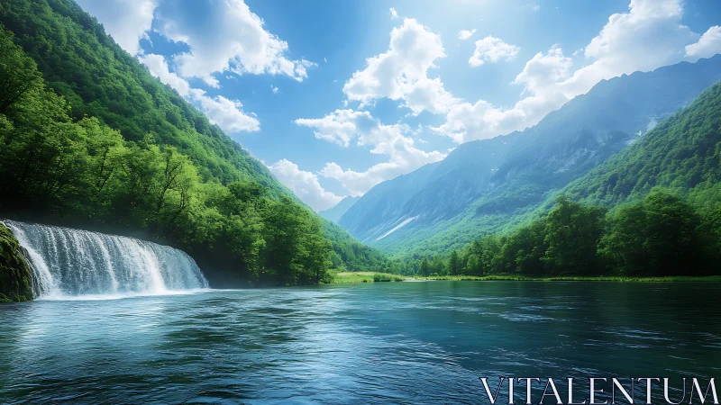 Verdant mountain valley river with cascading waterfall under sun.