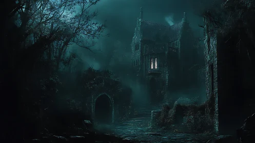 Gothic hilltop manor in nocturnal fog with illuminated window